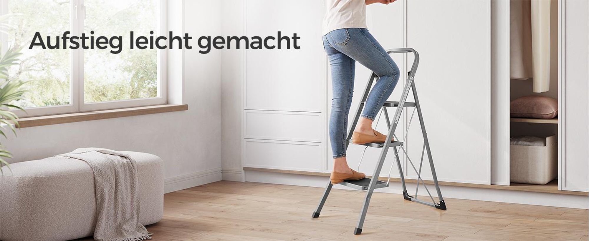 SONGMICS Klapptritt mit 3 Stufen, Trittleiter, mit Handlauf, aus Stahl, Klappleiter