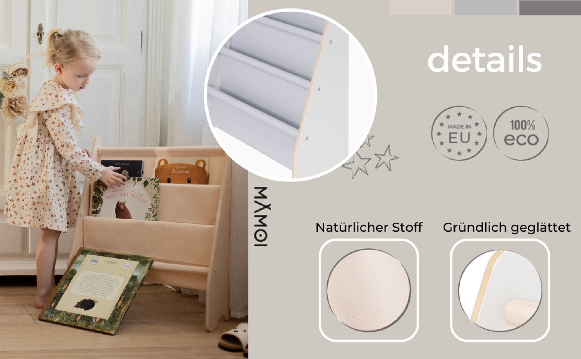 MAMOI® Bücherregal für kinder, Bücherkiste für kinderzimmer, Book shelf, Buchregal, Wandregal kinderregal, Kinderbücherregal, Bücherbank aus holz für Kleinkind, Kindermöbel für kleines kind