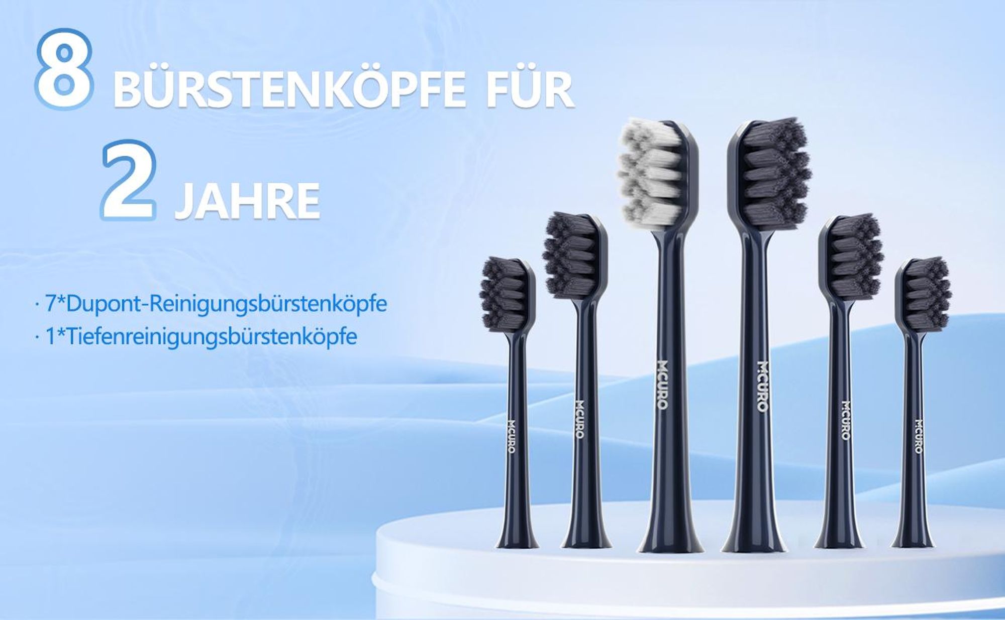 MCURO Elektrische Schallzahnbürste, wiederaufladbar, 10 Std. Ladezeit für bis zu 180 Tage Nutzung, 5 Putzmodi, Timer, 6 Bürstenköpfe, Dunkelblau