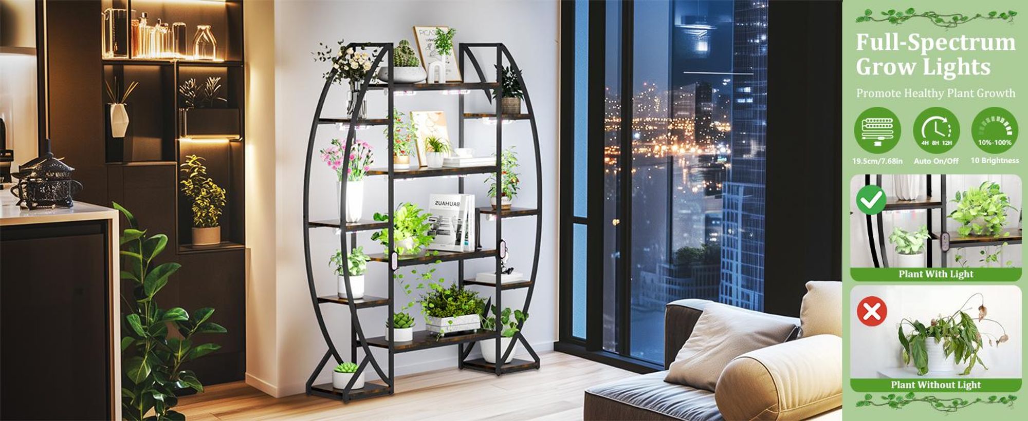 WISFOR Blumenständer mit Wachstumslicht, 8 Ebenen Blumentreppen mit 12 Ablagen, 177cm Hoch Pflanzenständer Metall Blumenregal für Indoor Balkon