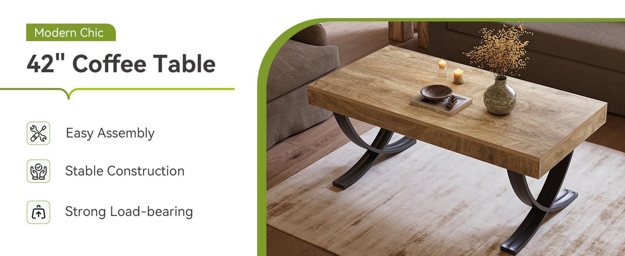 Tribesigns Couchtisch Holz, moderner Wohnzimmertisch Industriestil, mit geschwungenenKreuzbeinen, dicke Tischplatte mit Holzmaserung, rustikales Braun