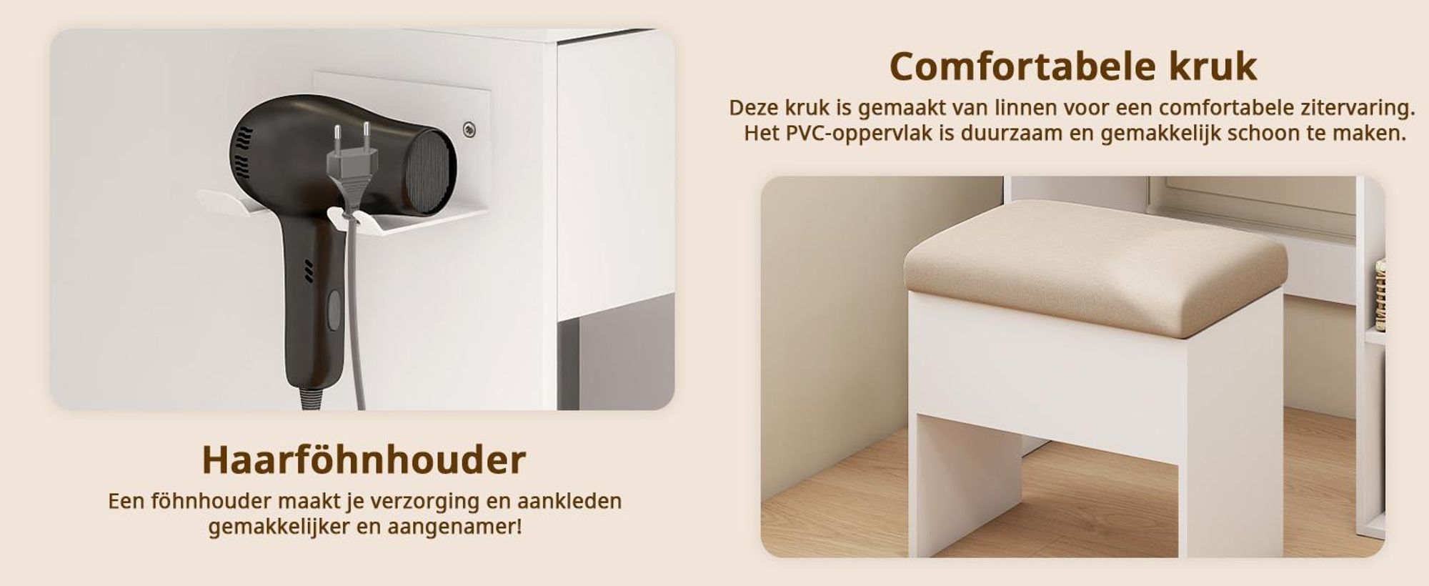 Puluomis make-uptafel met dimbare LED-verlichting, kaptafel met lade, föhnhouder, USB-poorten en stopcontacten, glazen blad, witte kruk met opbergruimte
