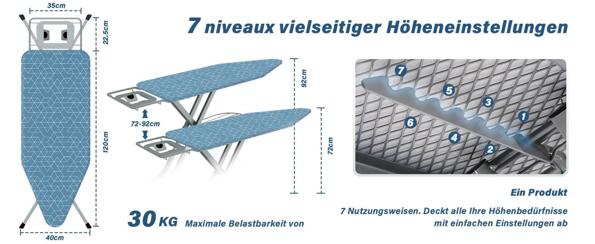STANEW XXL Bügelbrett 120 x 45 cm – Klappbarer & höhenverstellbarer Bügeltisch mit Sicherheitsschließsystem, Eisenablage und rutschfesten Füßen