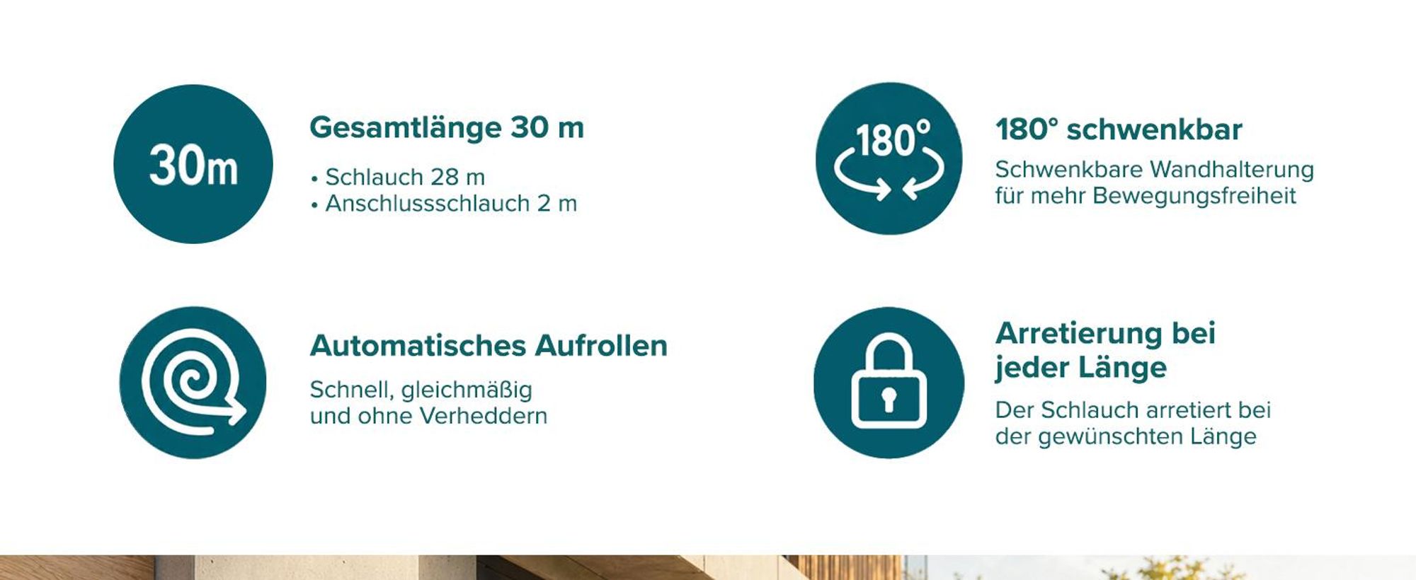 Sillar Automatischer Gartenschlauch 30 m auf Trommel mit Aufroller Wandhalterung