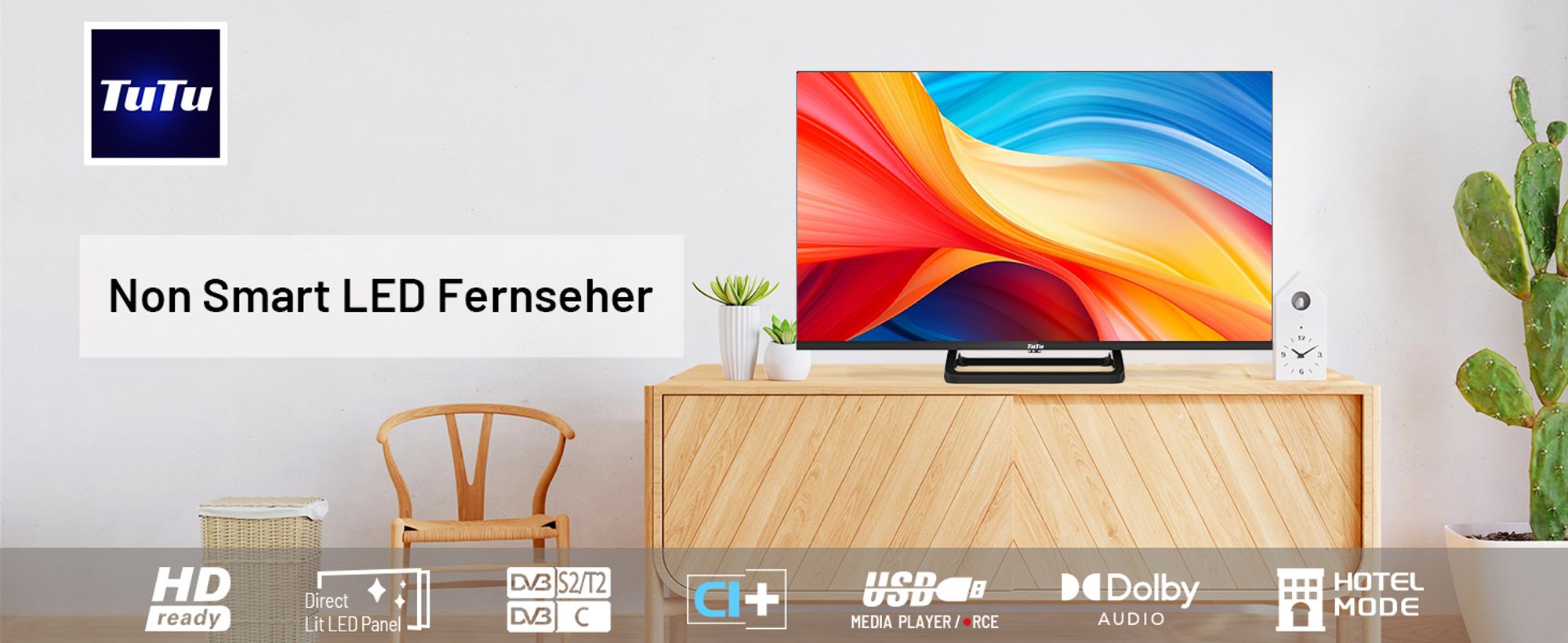 TuTu Standard TV - LED HD - 32 Zoll/82 cm - Randlos Design - Mittelfuß - Tripple Tuner DVB-T/T2/S/S2/C - HDMI x3, USB x2, CI+ - Montiert in Eindhoven - TUB32HN1NC