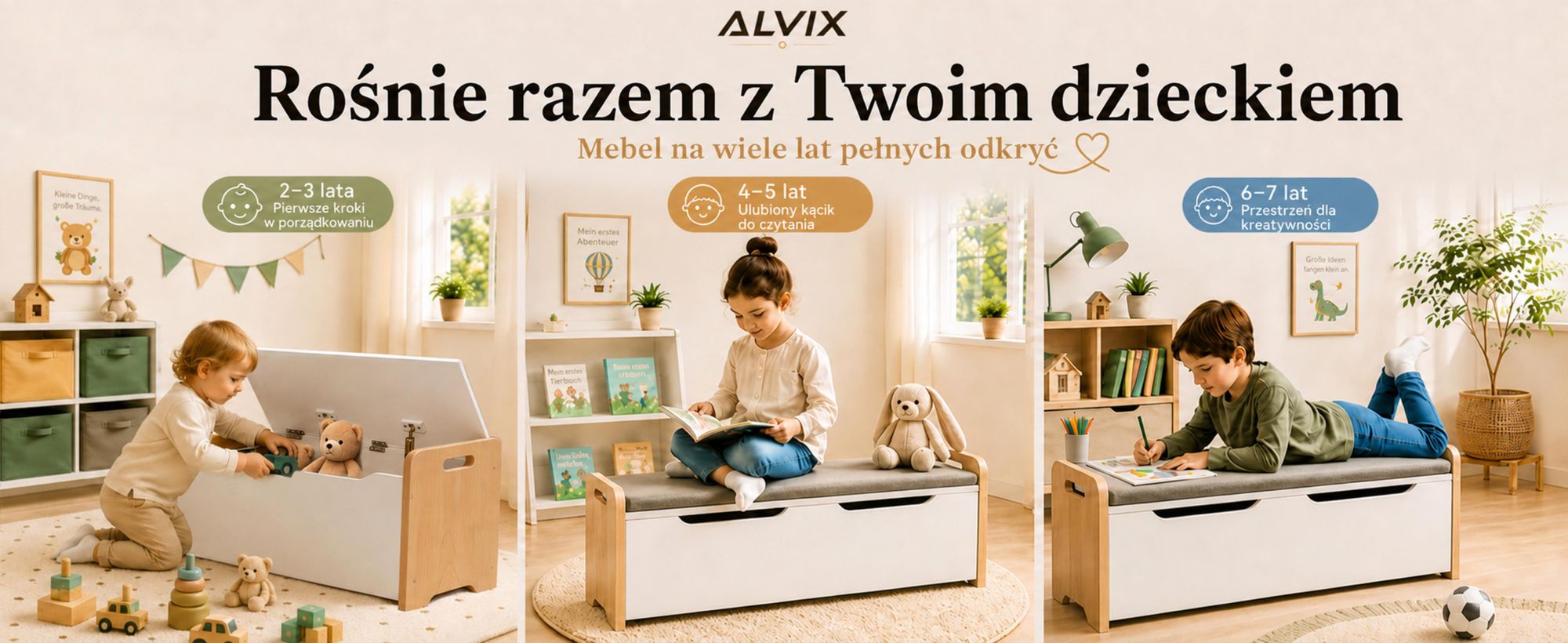 ALVIX Spielzeugtruhe NESTA 1 Kinderbank mit Stauraum,Spielzeug Aufbewahrung,Spielzeugkiste mit Soft-Close-Deckel,Sitzbank für Kinderzimmer,83x40×48 cm