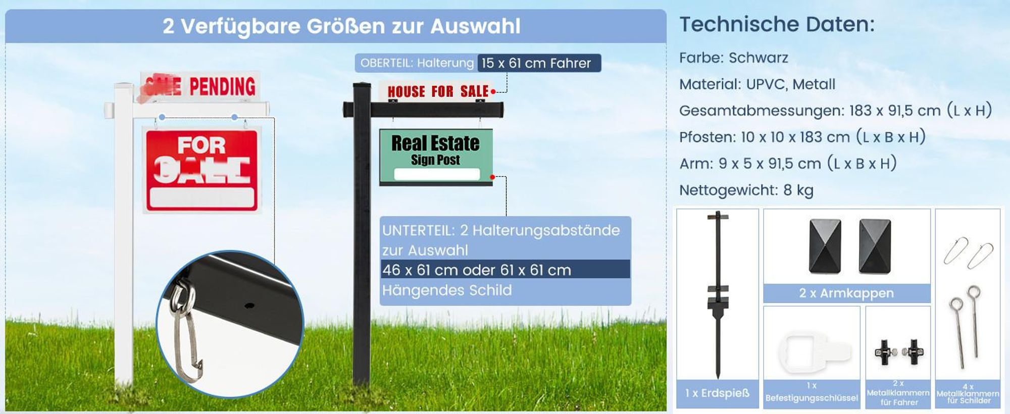 COSTWAY Schilder Pfosten 180 cm, Immobilien-Posterstand, UPVC, Stahlpfahl, Zeichenpfosten, für 15 x 60 cm Reiter, Weiß