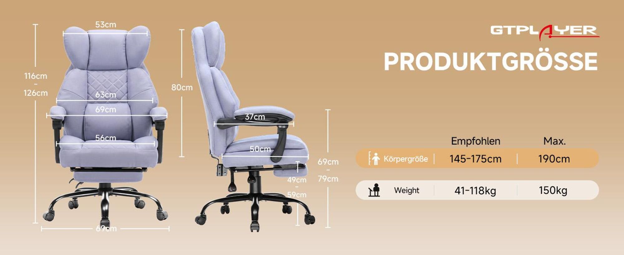 GTPLAYER Gaming Stuhl, Ergonomischer Bürostuhl mit Fußstütze und Lendenstütze, Hochlehner Chefsessel für Große, breiter Computersessel, Höhenverstellb