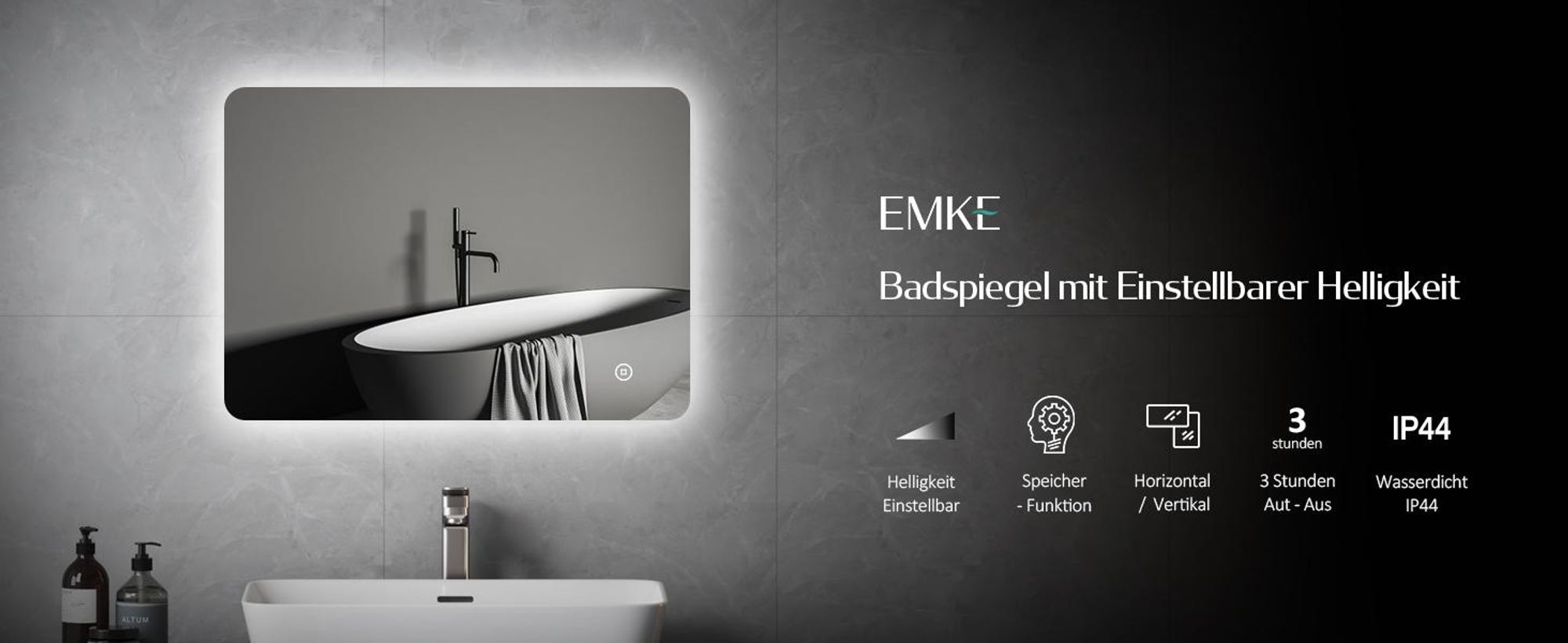EMKE LED Badspiegel 50x70cm Badspiegel mit Beleuchtung Kaltweiß Lichtspiegel Badezimmerspiegel Wandspiegel mit Touchschalter