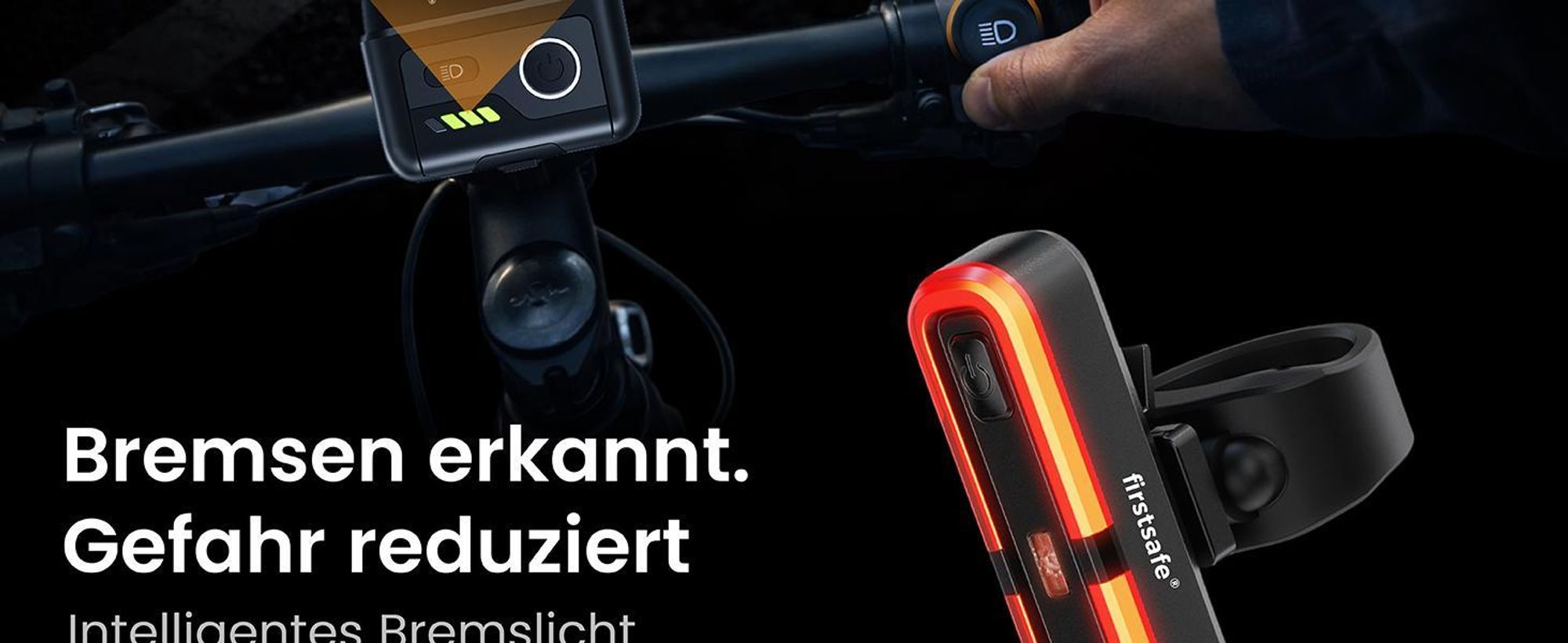 firstsafe® Fahrradlicht Set Front- & Rücklicht mit Fernlicht, Bremslicht & Akku
