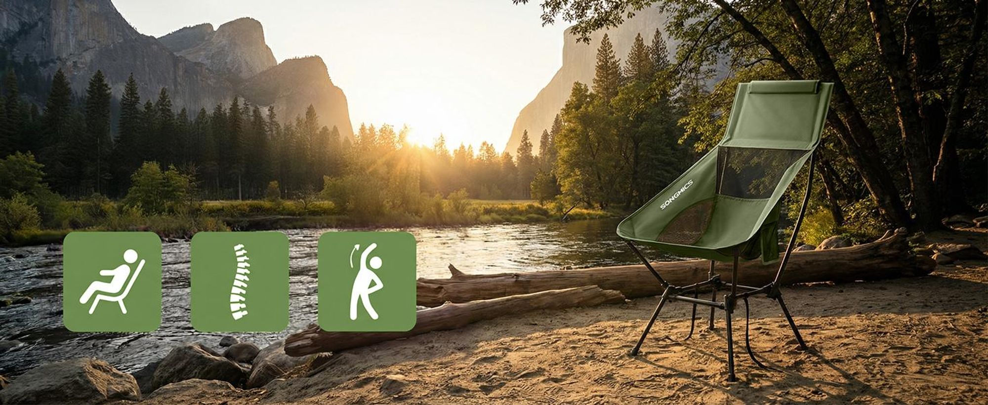 SONGMICS Campingstuhl klappbar mit verstellbarer Höhe, Stahlrahmen, Kopfstütze, hoher Rückenlehne, 2 Taschen, Outdoor, grün