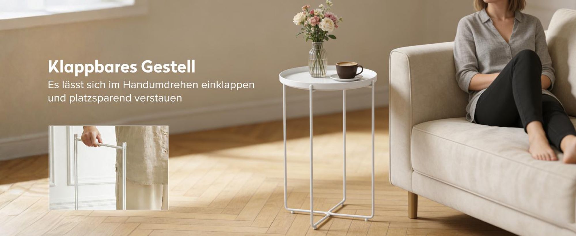 doporro Beistelltisch rund, Kleiner Tisch, Couchtisch rund mit 1 Ablagen und Metallgestell, 35 x 51cm, Beistelltisch Weiß Reglo-08