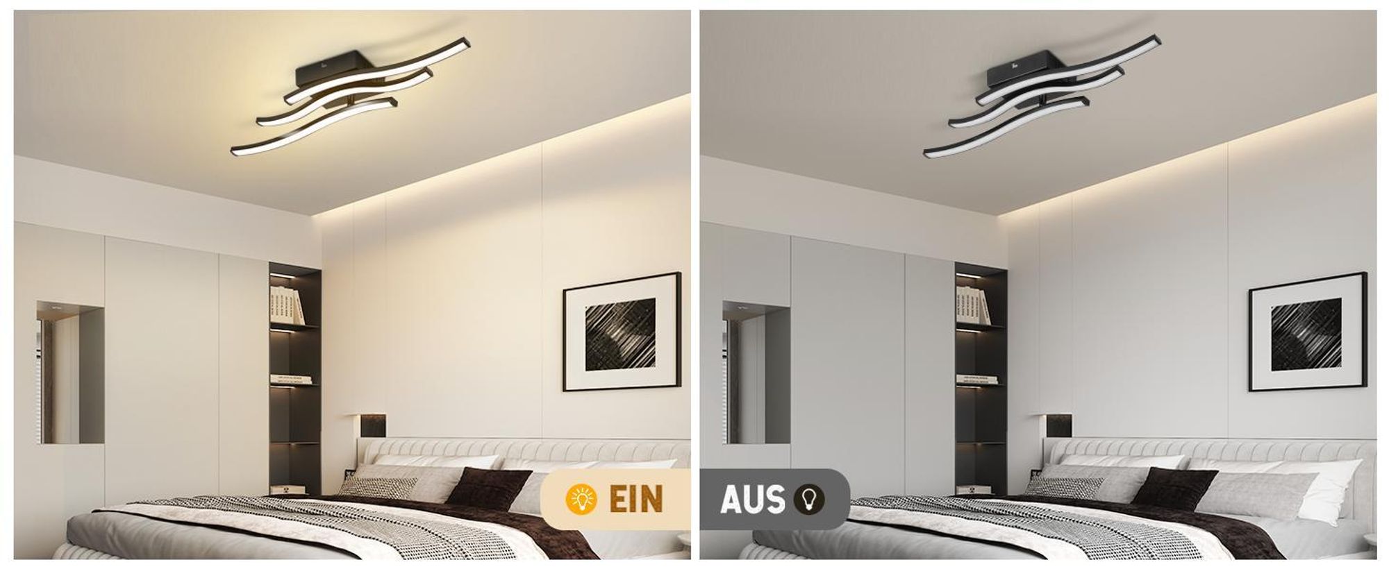 ZMH LED Deckenlampe Schlafzimmer Deckenleuchte Schlafzimmerlampe Schwarz 18W Wohnzimmerlampe 3000K Wellen Modern Küchenlampe Innen Warmweiß Flurlampe