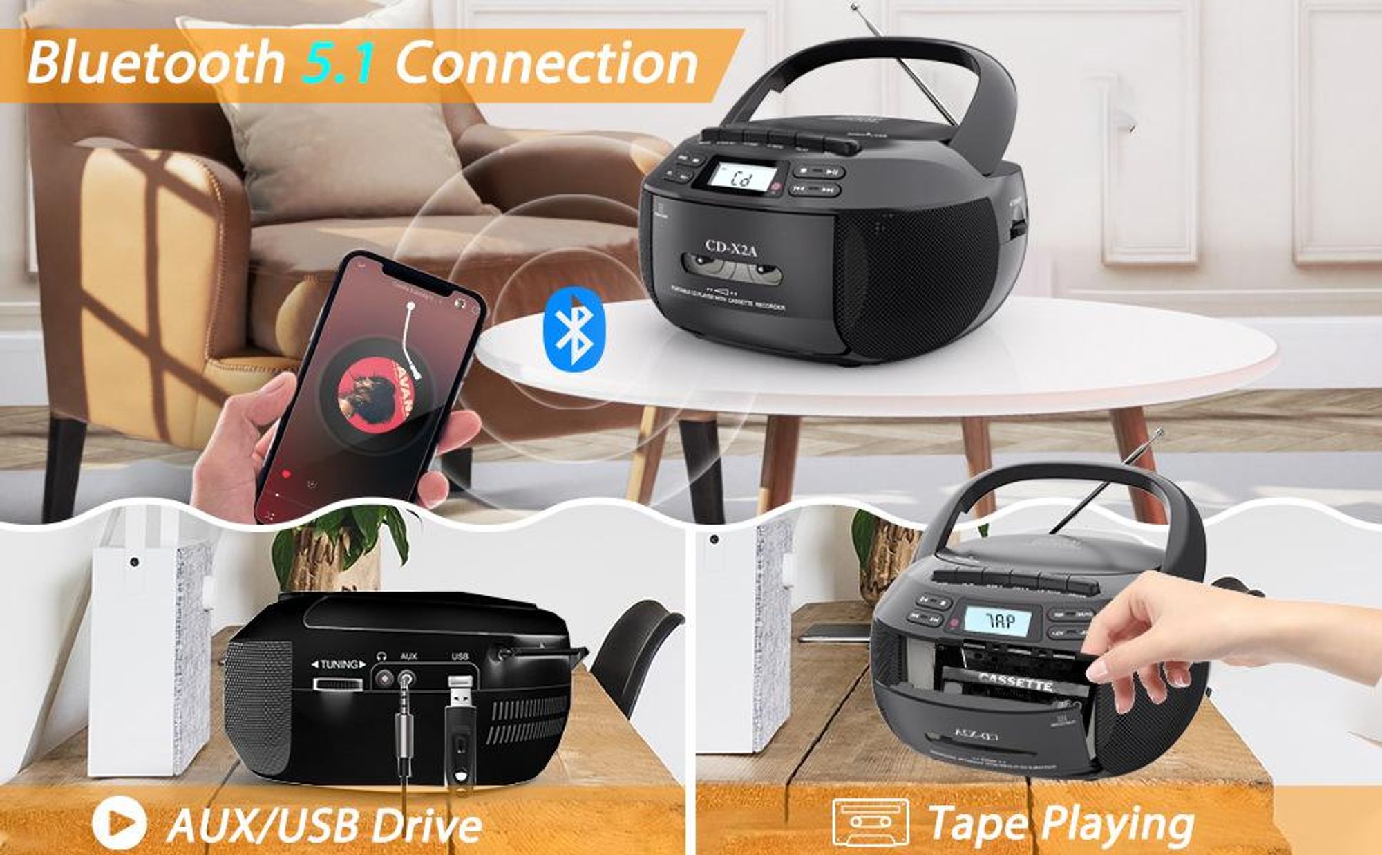 ZELURXX Tragbarer CD-Kassettenrekorder Boombox mit Bluetooth 5,1, USB/AUX, AM/FM Radio, Aufnahmefunktion, Fernbedienung, Schwarz