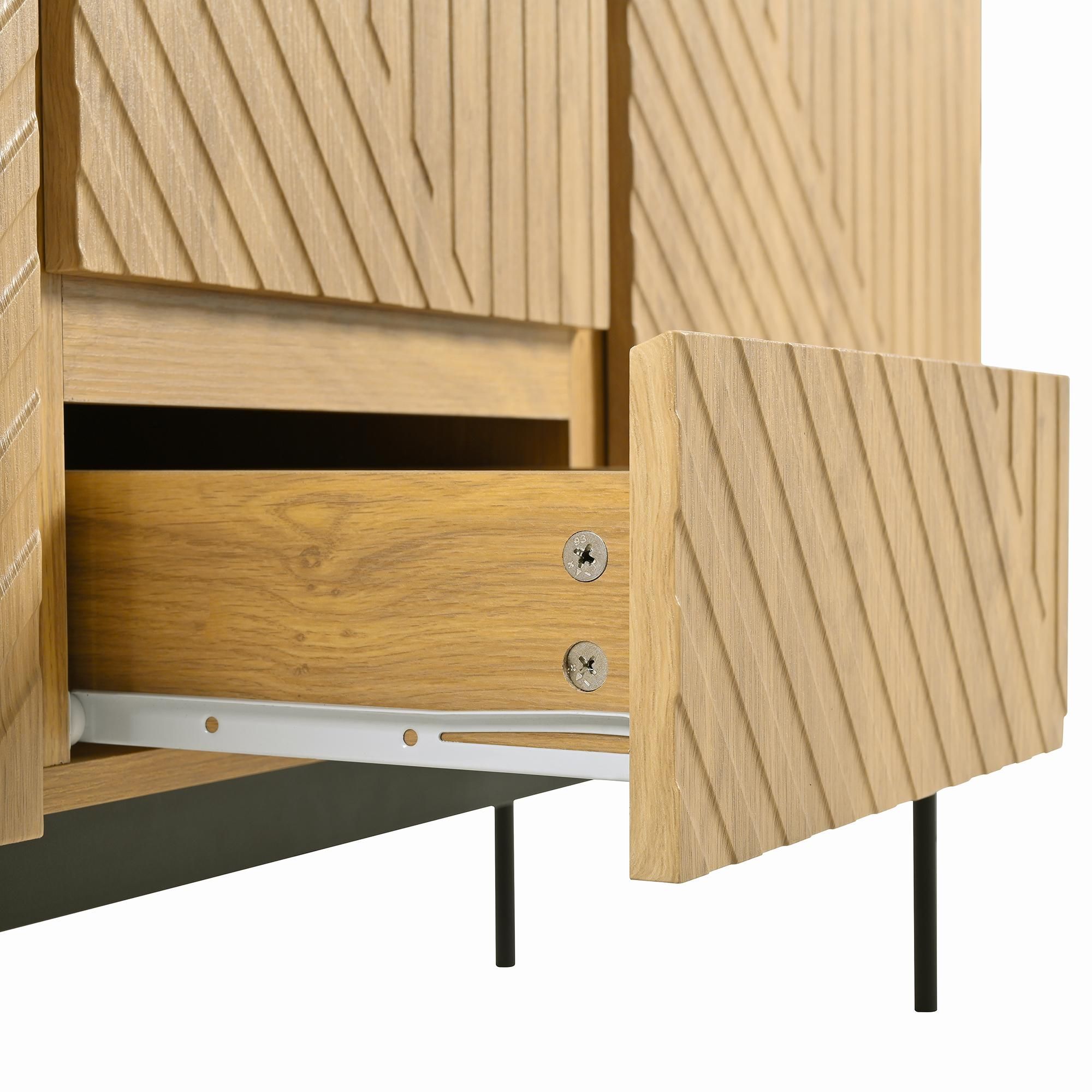 Merax Sideboard Kommode Holz, mit 3 Schubladen, 2 Türen, Zum Öffnen drücken, TV-Schrank, Buffet, 3D Linien, 140×40×75 cm, Natural+Schwarz