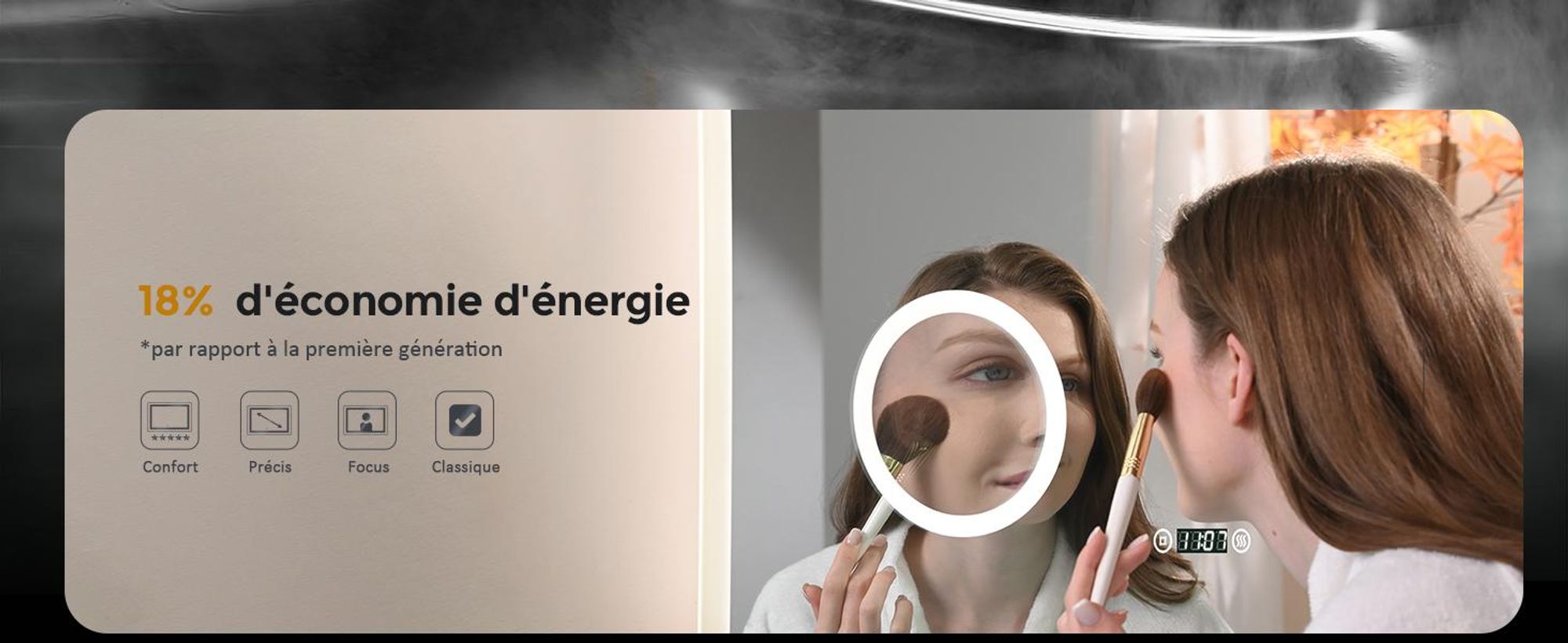 EMKE Miroir de salle de bain avec grossissement 3X Interrupteur tactile 3 couleurs de lumière Variable Horloge anti-buée 80X60cm