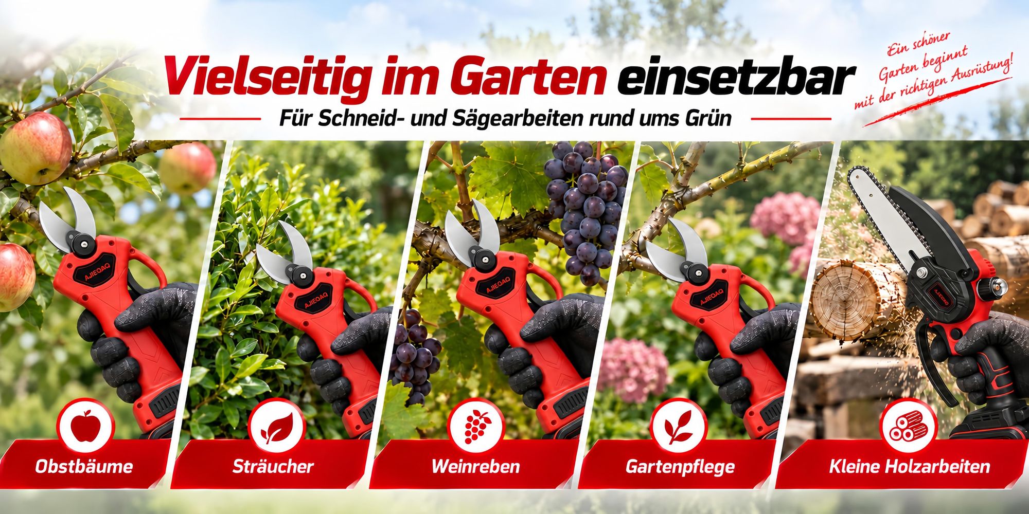 21V 2-in-1 Akku Gartenschere & Mini Kettensäge, Brushless Akku Astschere/Baumschere, 25 mm SK5, 6 Zoll Akku Kettensäge, 2×2,0Ah Akkus