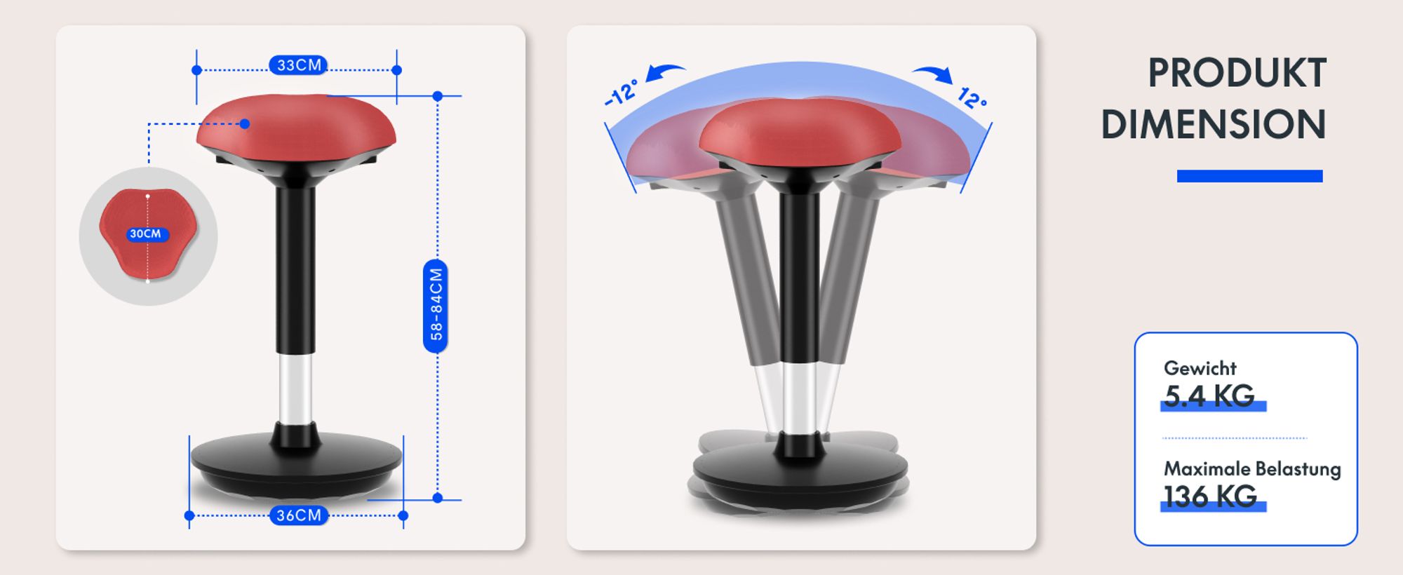 FLEXISPOT Ergonomischer Arbeitshocker – Höhenverstellbare Stehhilfe, 360° drehbar, Bürohocker – Schreibtischhocker – Sitz-Steh-Hocker (Rot)