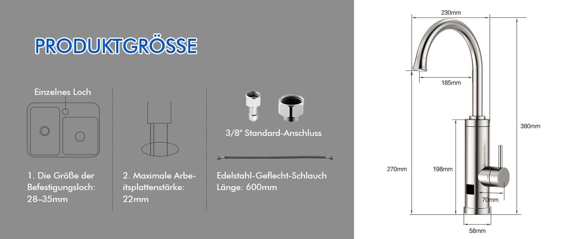 Homelody Elektrischer Wasserhahn mit Durchlauferhitzer, 230V 3300W Elektrischer Küchenarmatur mit LED Temperaturanzeige 360° Drehung SUS304 Edelstahl
