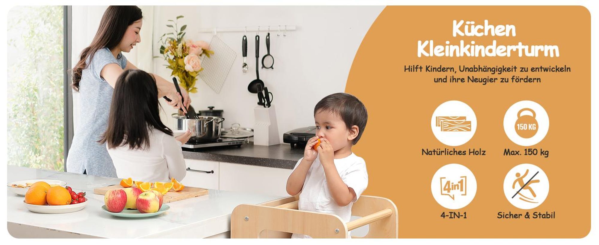 Olvy Lernturm ab 1 Jahr – 4-in-1 Montessori Learning Tower für Kinder, höhenverstellbar, mit Rutsche, Tafel & Spielen, Küchenhilfe Kind multifunktiona