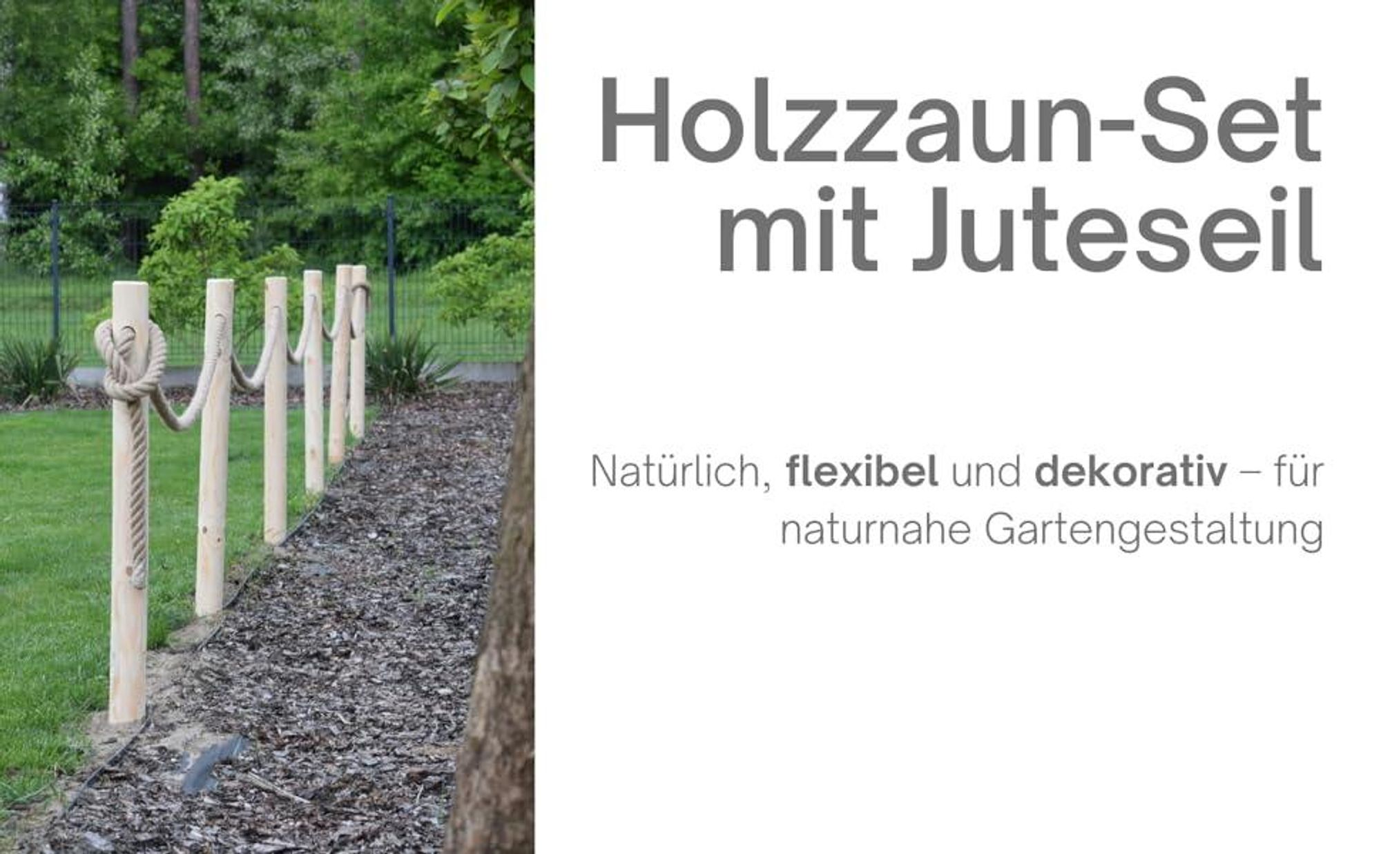 TIMBERMIK Holzzaun Set – 6 Holzpfosten Ø8x120 cm + 12 m Juteseil, Gartenzaun, natur, unbehandelt, Staketenzaun