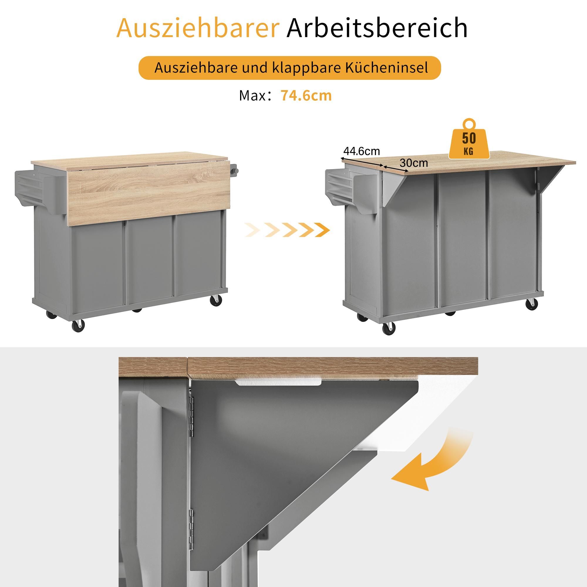 Merax Kücheninsel Servierwagen mit Erweiterbarer Arbeitsplatte, Schubladen und Tür, Küchenwagen auf Rollen, Mobil Küchenschrank, Grau