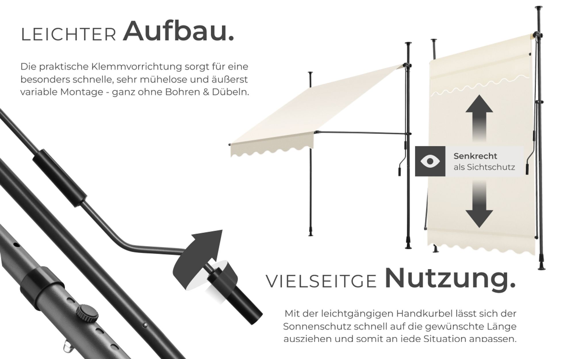 tectake® Klemmmarkise mit Handkurbel einfache Montage