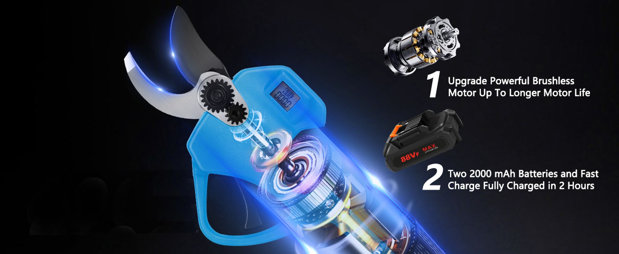 Akku Astschere Elektrische Gartenschere,0-40 mm Schnittdurchmesser,Fortschrittliche Digitalanzeige,mit 2 Batterie, 21V  Baumschere,Blau