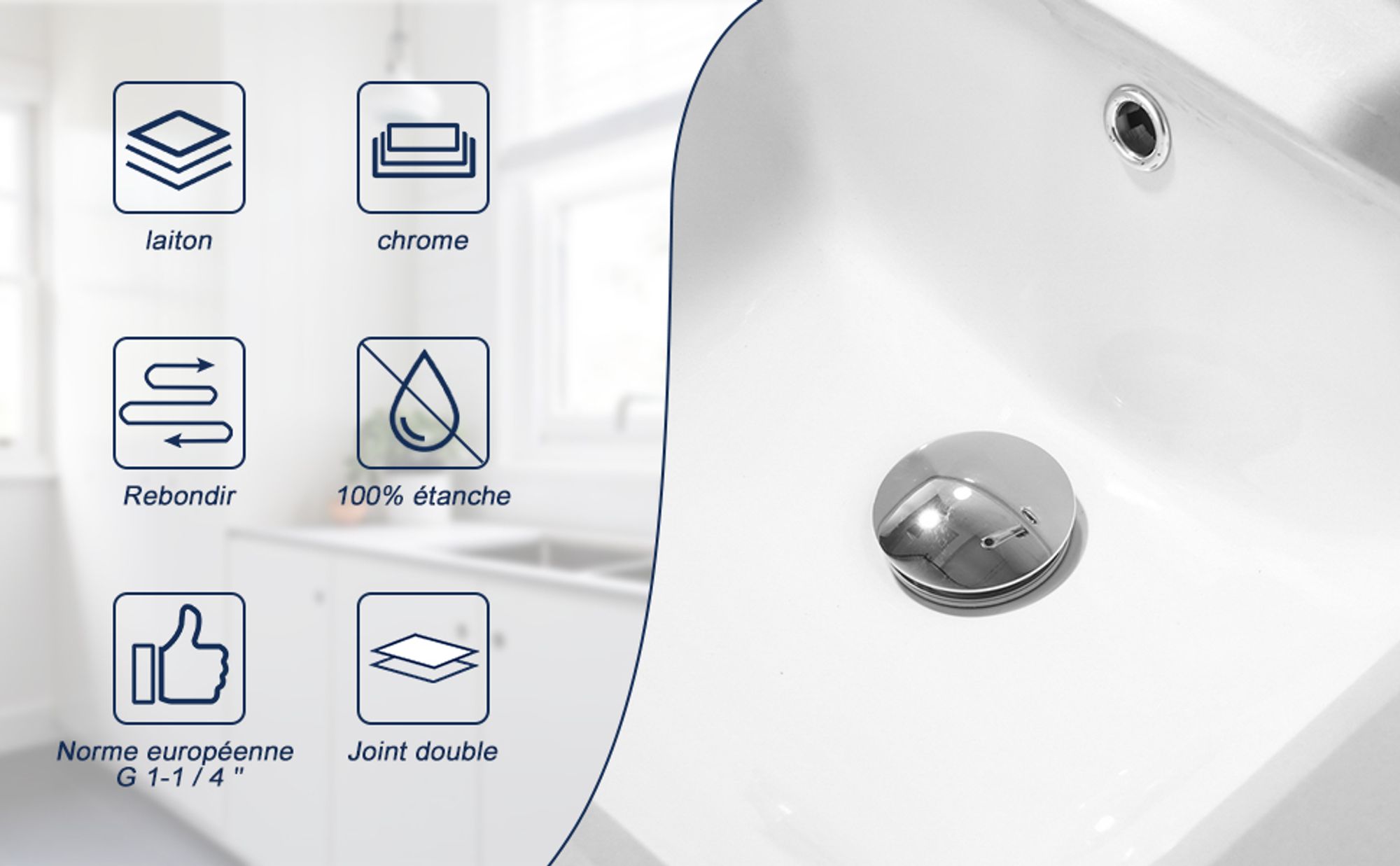 Robinet escamotable universel Homelody 1 1/4 pouce en laiton avec trop-plein pour lavabo/lavabo