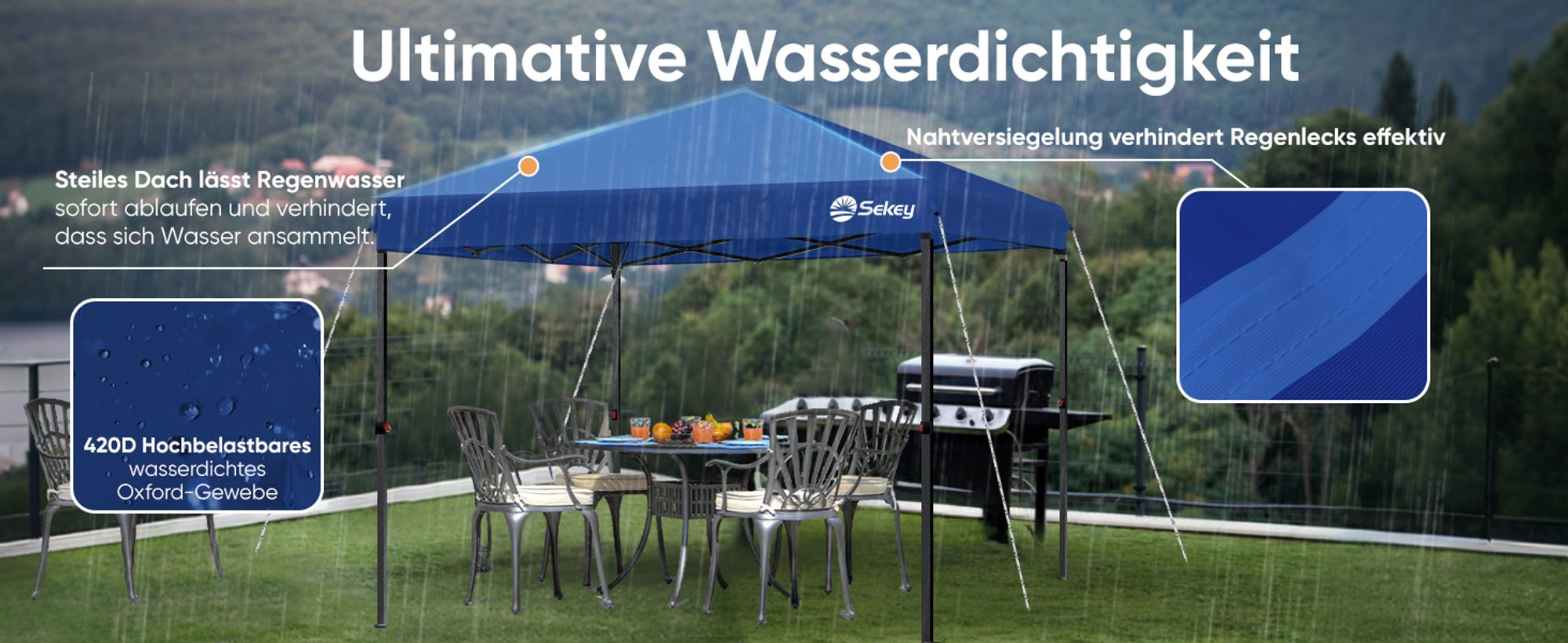 Sekey Faltpavillon 3x3 wasserdicht, Pop Up Pavillon mit 4 Sandsäcken, UV-Schutz 50+ Pavillons & Partyzelte Festzelt, Dunkelblau