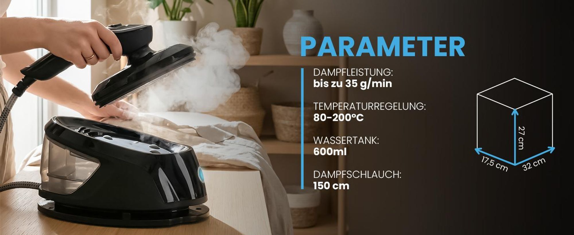 Dampfbügelstation mit Dampf Bügeleisen Maltec SteamCare2500W, 35g/min Dampfaustritt, Wassertank 600ml, Vorheizzeit 40 s, einfache Entkalkung
