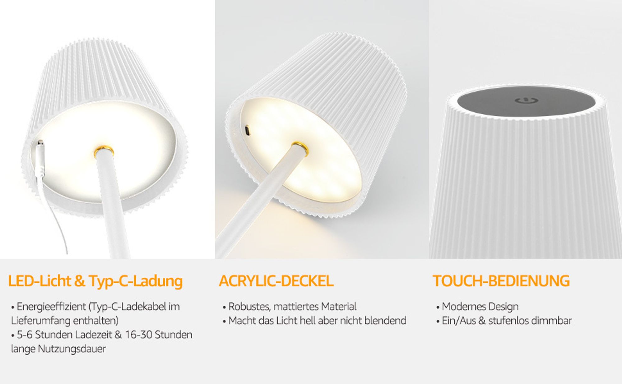 7MAGIC 2 Stück LED Dimmbare Akku Tischlampe Kabellose, Wiederaufladbar Warme Lichtfarbe Tischleuchte mit USB Ladestation, IP54 Wasserdichte, Weiß