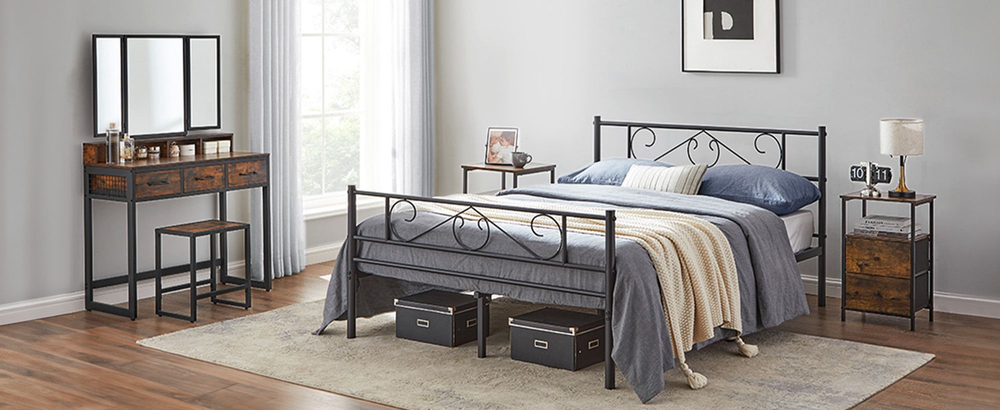 VASAGLE Bettgestell 140 x 200 cm, mit Kopfteil, Metallbett, Bettrahmen