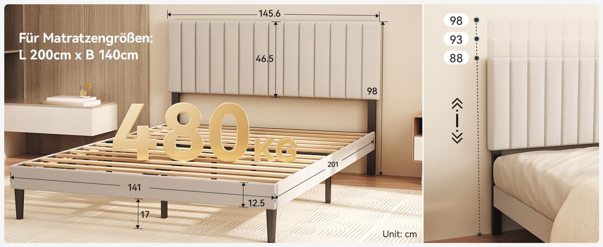 Polsterbett 140x200 cm, Bettgestell mit Höhenverstellbarem Kopfteil und Lattenrost, Stabiler Bettrahmen, Bis 500 kg, Gepolstertes Bett, Beige