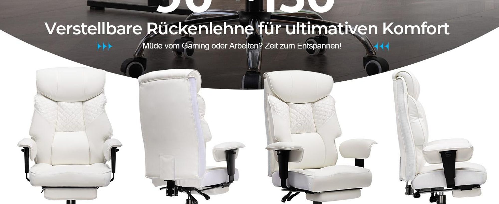 COMHOMA Gaming Stuhl für Große und Schwere Personen, ergonomischer Bürostuhl bis 180 kg, 3D Sitzkissen, verstellbar mit Fußstütze, Kunstleder, Weiß