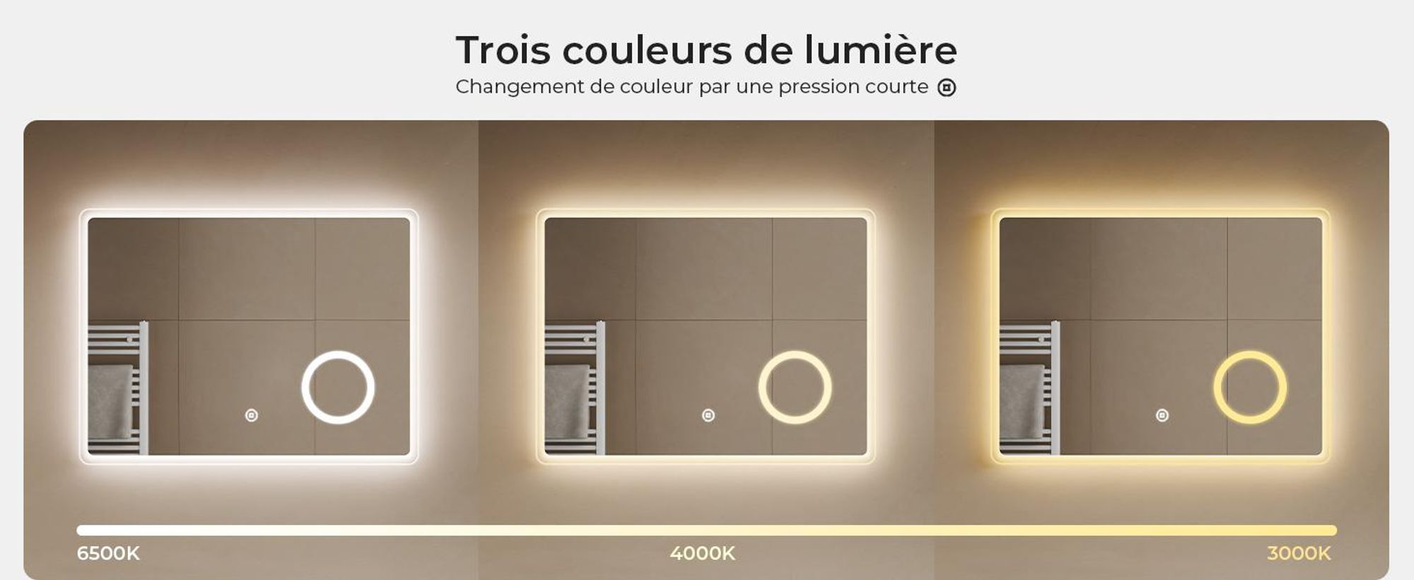S'AFIELINA Miroir de salle de bain LED 80 x 60 cm Miroir mural avec interrupteur tactile+antibuée+3 couleurs de lumière 3000K/4000K/6500K Miroir lumineux avec grossissement 3x