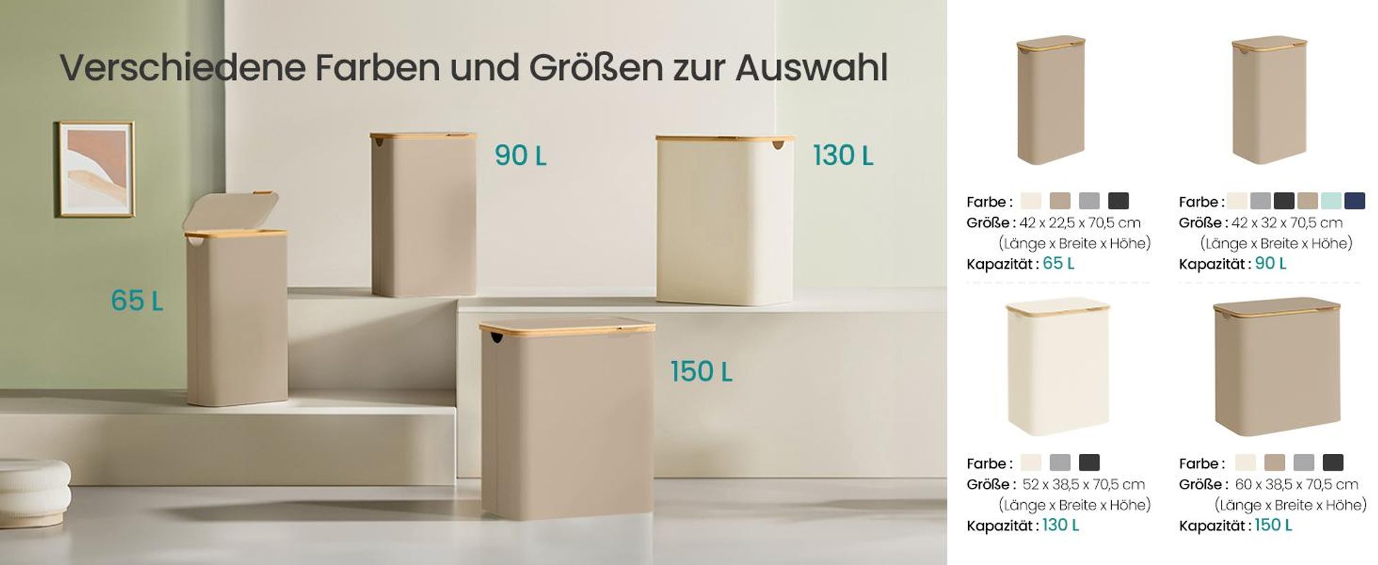 SONGMICS Wäschekorb mit Deckel, 150 L, herausnehmbarer Wäschesack,Griffe aus Bambus