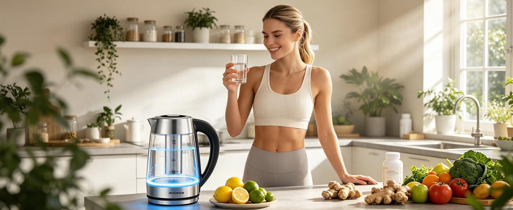 Aigostar Glas Wasserkocher 1,7 L mit Temperatureinstellung 60–100 °C, 2200 W, Farbwechsel-LED, 120 Min. Warmhaltefunktion, Edelstahl & Borosilikatglas