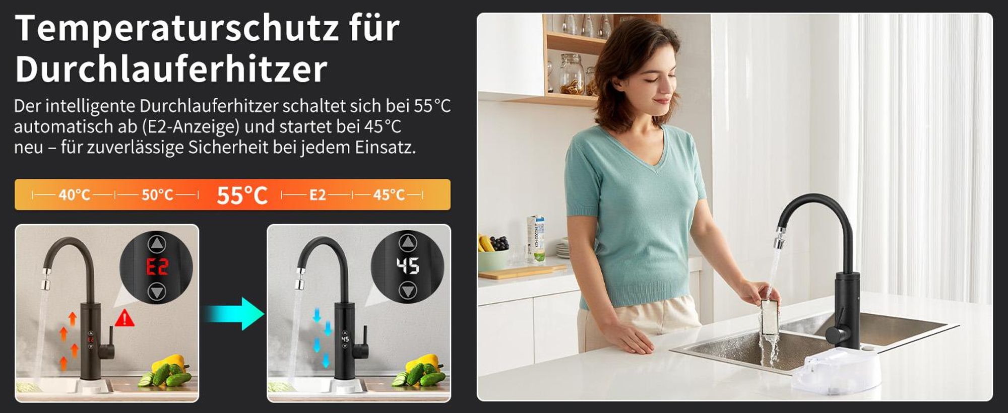 Elektrische Küchenarmatur mit Durchlauferhitzer,  Schwarz Wasserhahn Küche mit LED Temperaturanzeige，Smart Heater Wasserhahn 360° drehbar