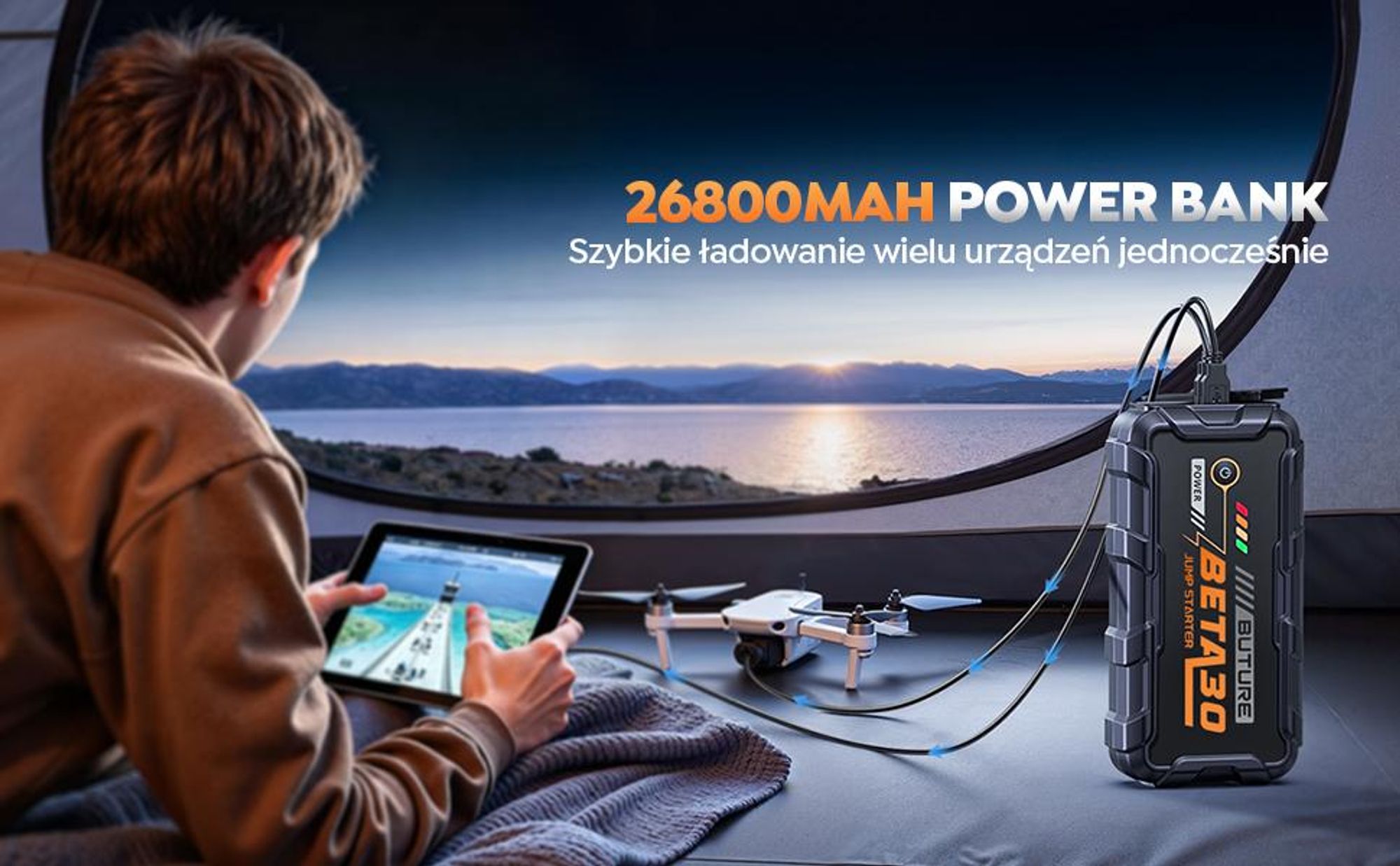 Powerbank Buture do rozruchu silnika, 6000A, 26800 mAh, powerbank do rozruchu silnika samochodowego, pomoc przy rozruchu, BETA30
