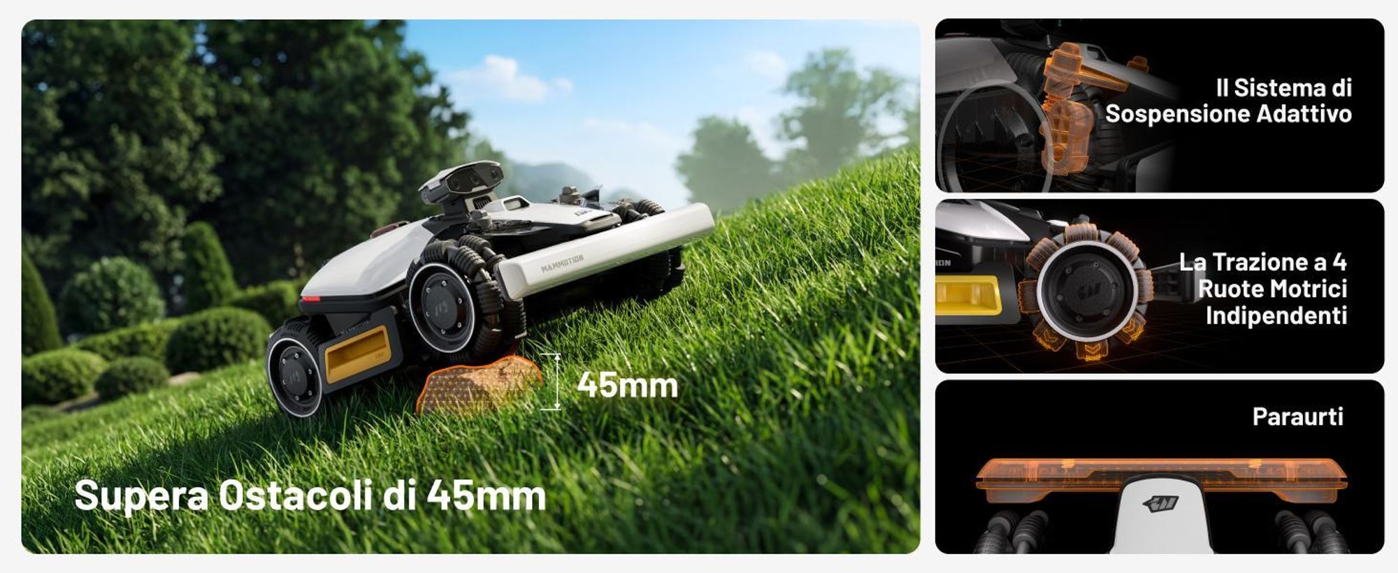 Mammotion LUBA Mini 2 AWD 1000 Robot tosaerba senza filo perimetrale fino a 1000m² Tripla telecamera AI + NetRTK Taglio dei bordi DropMow Pendenza 80%