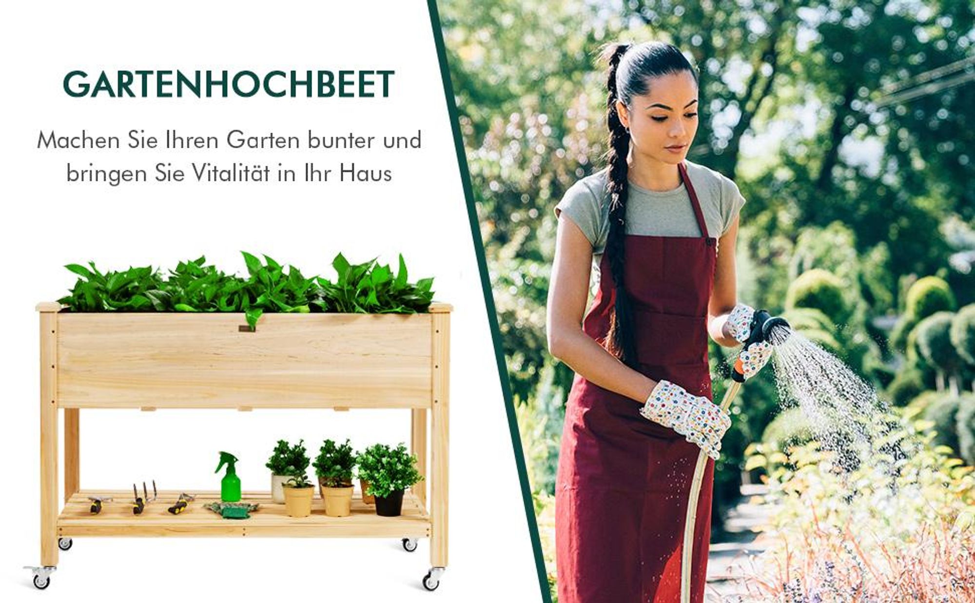 COSTWAY Hochbeet 120x59x84 cm, Erhöhtes Pflanzkübel aus Holz mit Ablagefach, feststellbaren Rädern&Schutzfutter, Pflanzkasten Kräuterbeet Blumenkasten