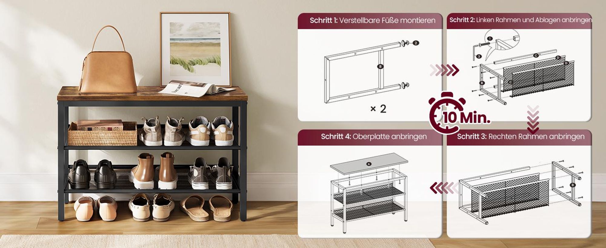 VASAGLE Schuhbank mit 3 Ebenen, Schuhregal, Schuhablage, einteiliges Design, mit erhöhten Kanten, Industrie-Stil, einfache Montage