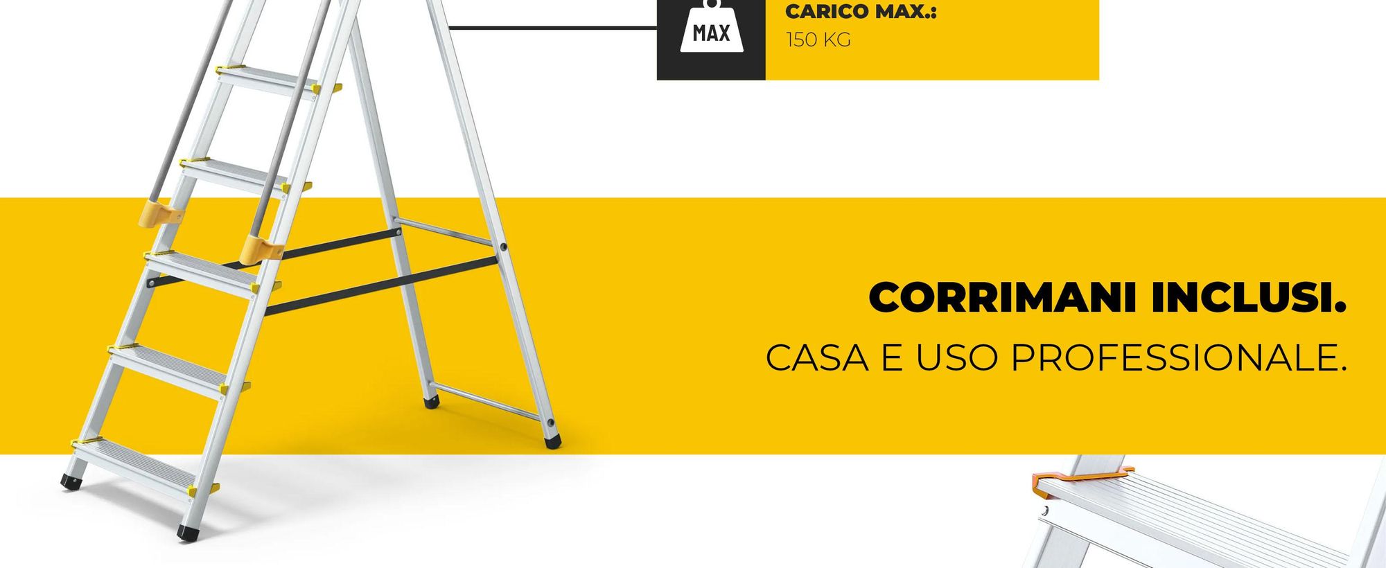 Drabest | Scala - 6 gradini, portata 150 kg - Scala con corrimano, scala in alluminio, piedini antiscivolo, scaletta, scala pieghevole