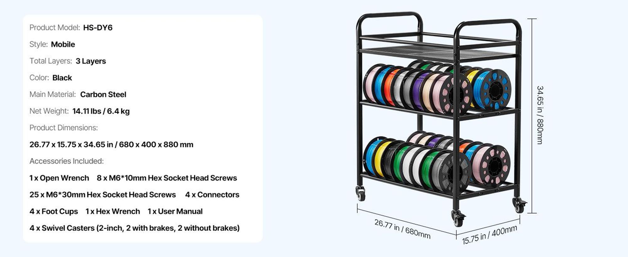 VEVOR Wandmontierter Drucker Filamentlagerregal, 2-stufiges Wandregal, rollbare Filamentspulenhalter mit Rädern, Filamente organisiert für 3D-Druckstudio, Werkstatt (Nur Regal), Mobil, 3 Schichten