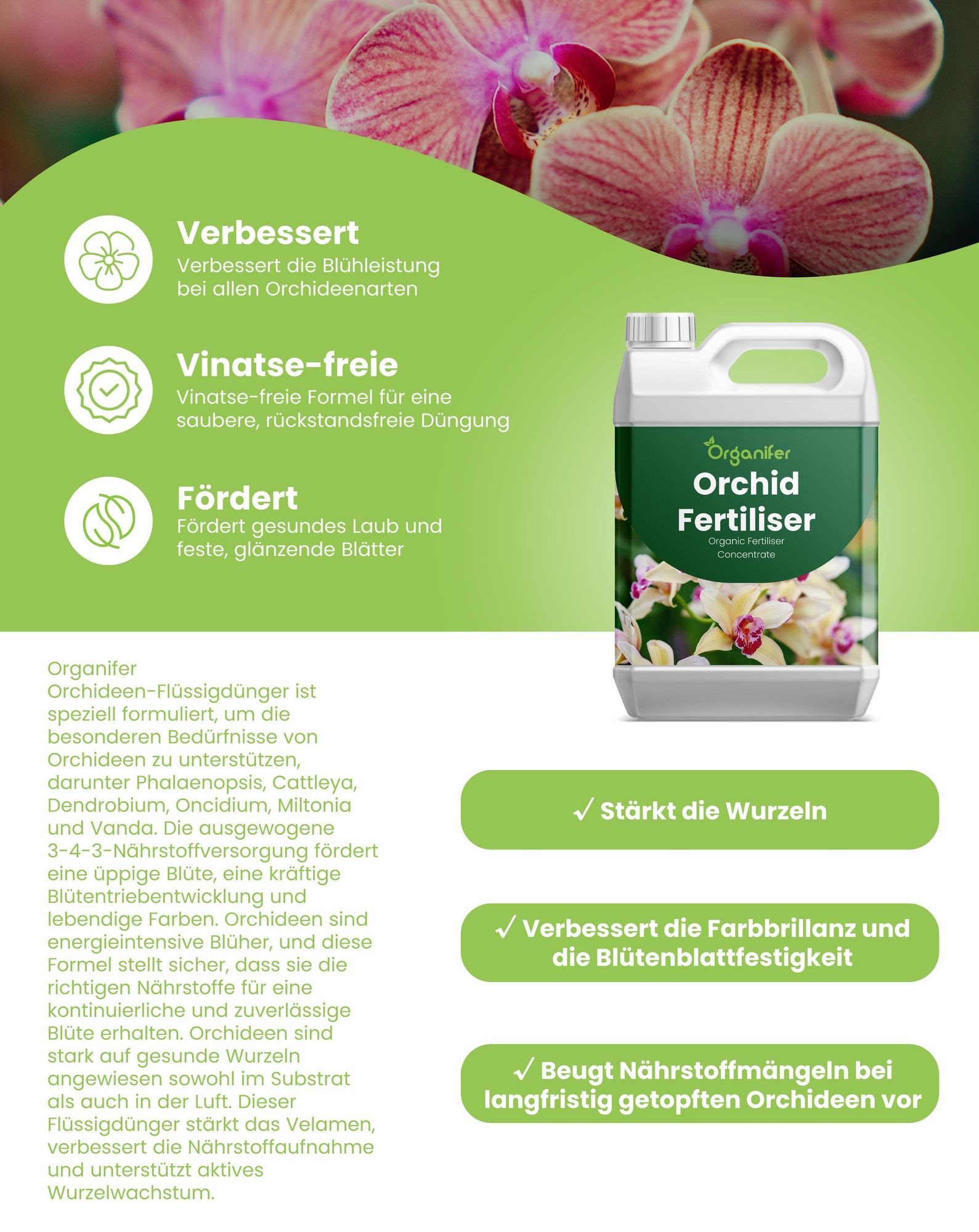 Orchideen Flüssigdünger 10L – 3-4-3 NPK – Flüssig-Pflanzendünger für Orchideen – Organifer