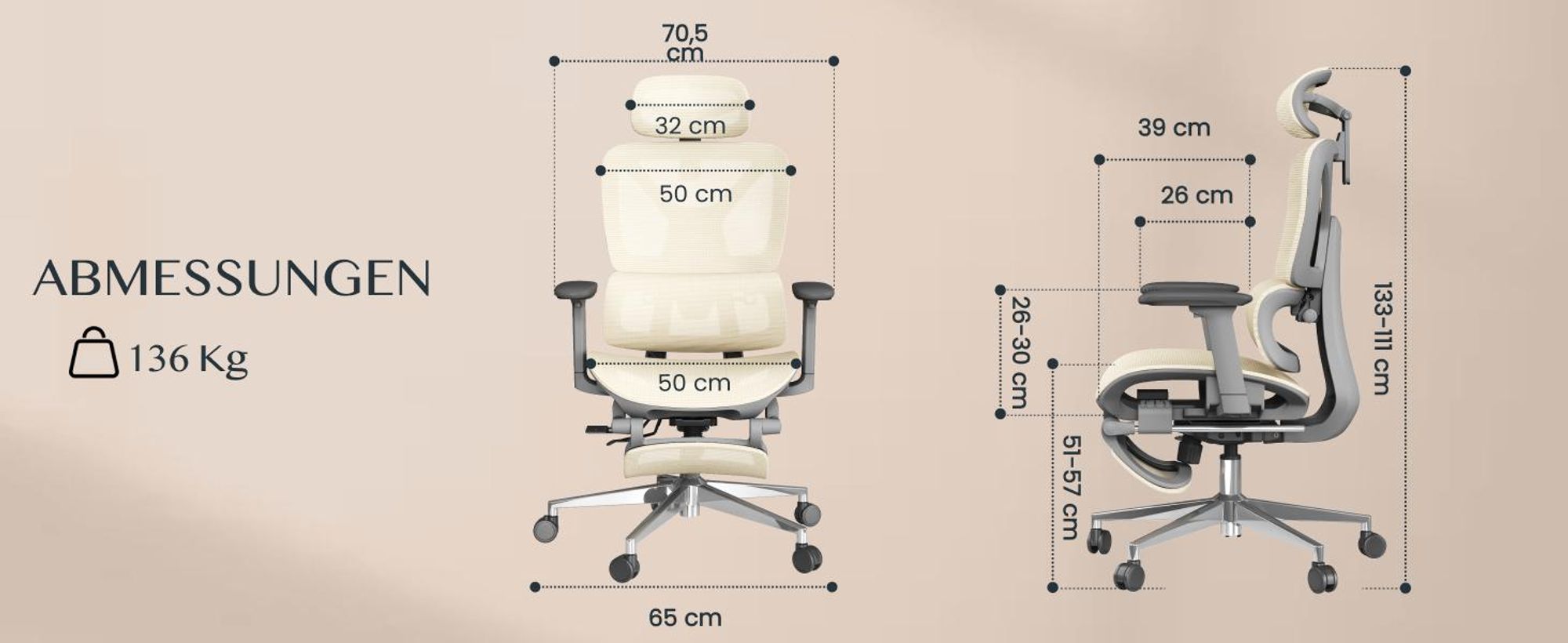 FLEXISPOT ErgoX Ergonomischer Bürostuhl mit Fußstütze, 3D-Armlehnen & Kopfstütze, 5D-verstellbare Rückenlehne, Tragfähigkeit von 136 kg, Beige