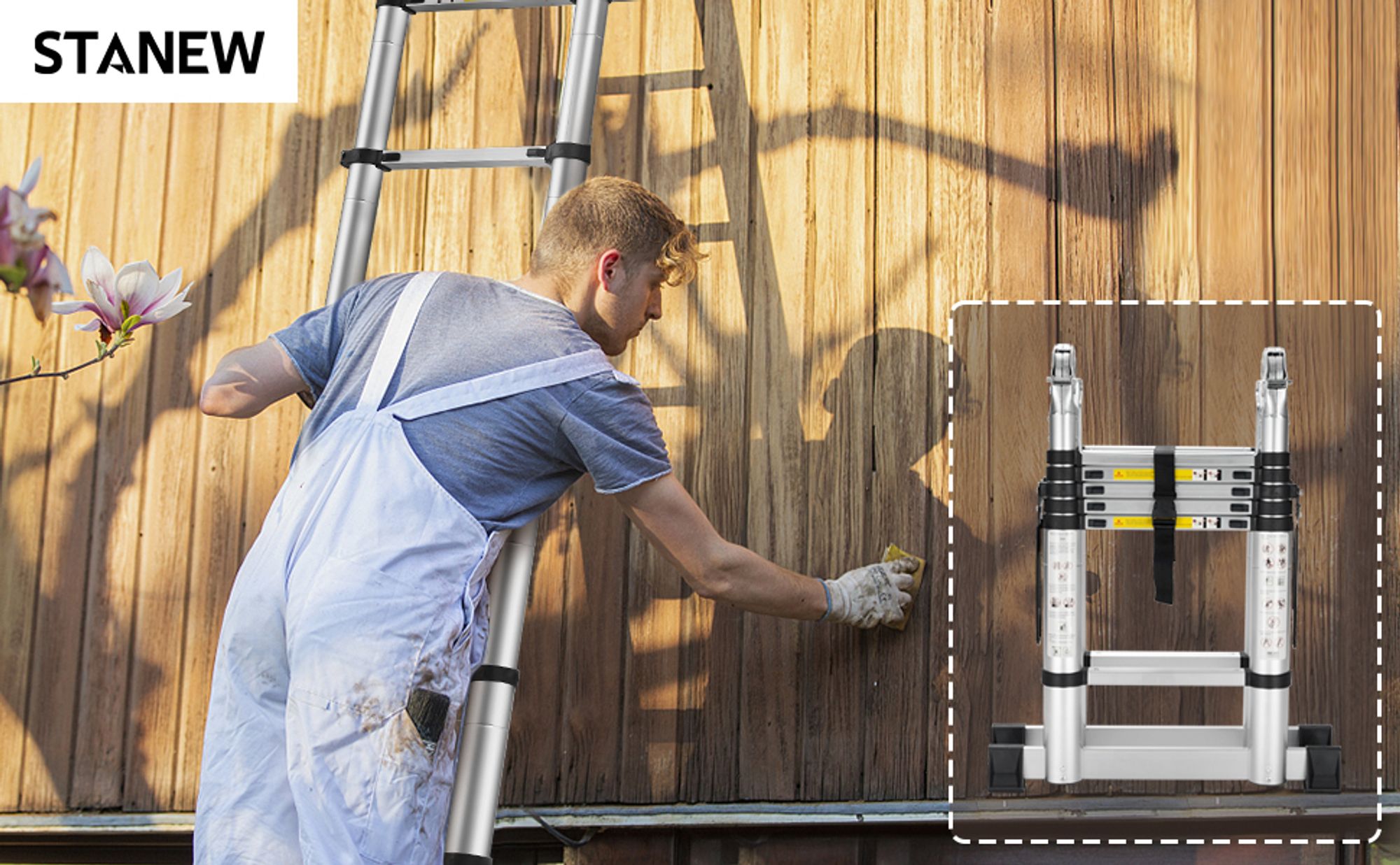 STANEW Teleskopleiter 3,8 m (1,9 + 1,9), Klappleiter, 2-in-1, Teleskopleiter aus Aluminium, Klappleiter mit Arbeit im Innen- und Außenbereich, Belastung 150 kg, Silber