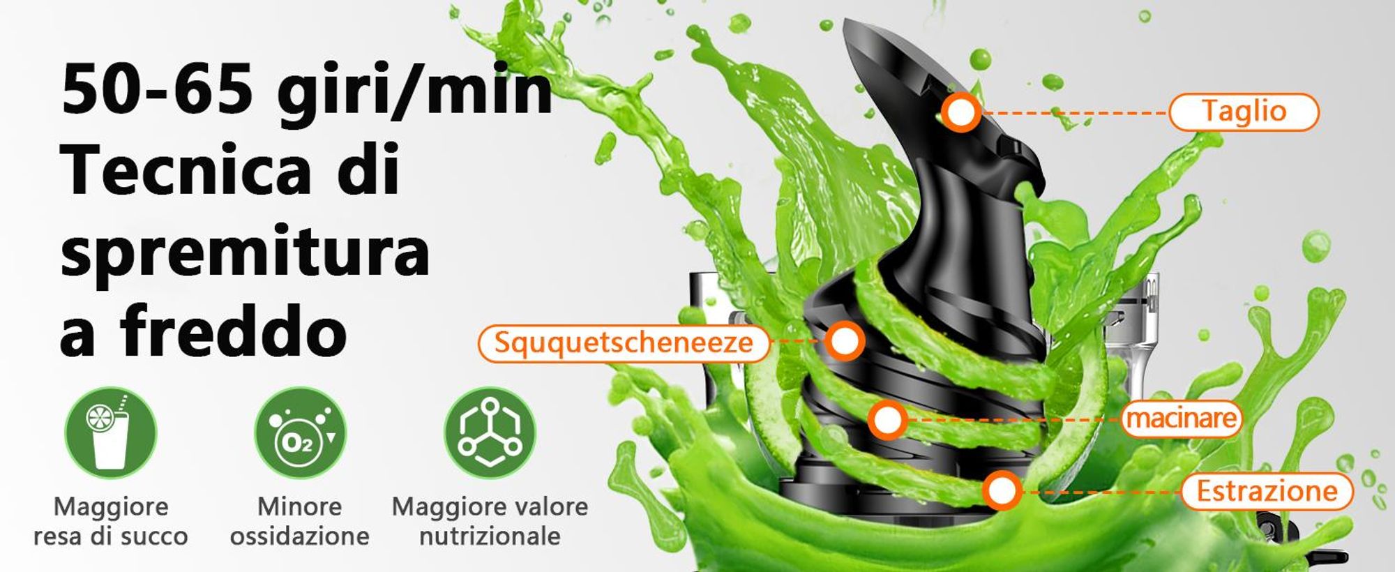 Estrattore di succo lento LINKChef SJ-052-EU-BL, adatto per frutta e verdura, dotato di triplo sistema di filtrazione, facile da pulire - Nero