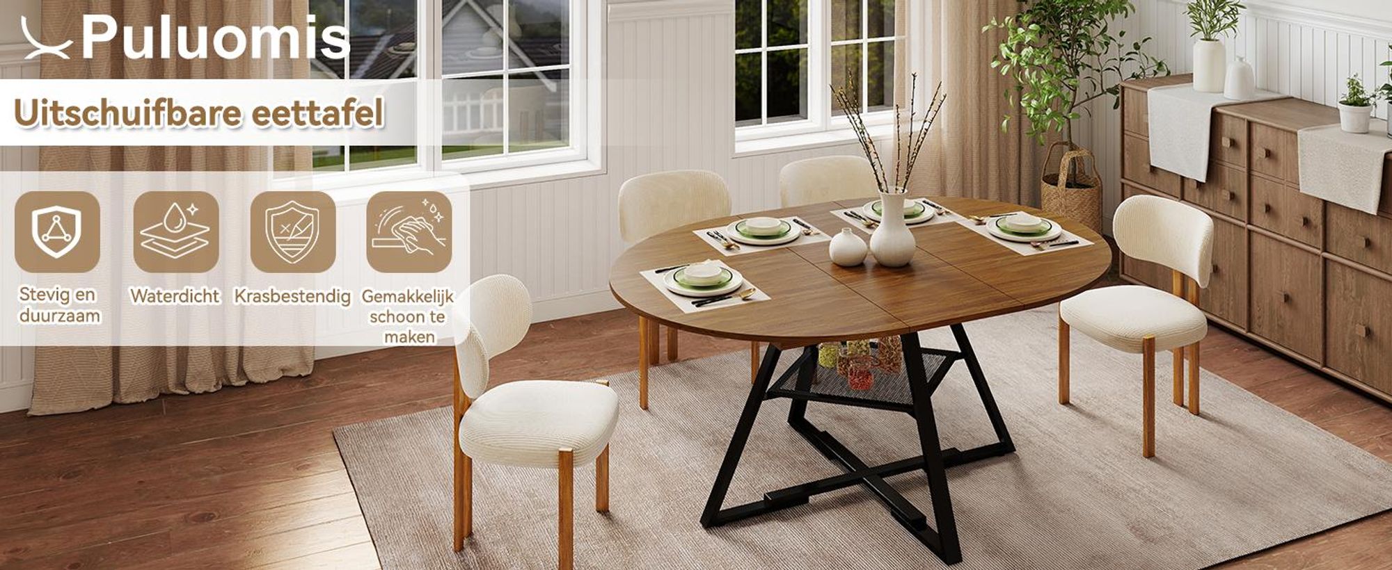 Puluomis Uitschuifbare eettafel met opbergruimte, 100-130 cm, geschikt voor 2-6 personen, met verborgen vakken en open planken, draagvermogen van 120 kg, ideaal voor woonkamer of eetkamer